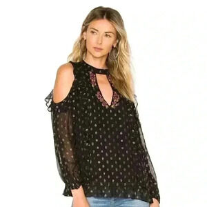 Tularosa Size XXS Embroidered Metallic Sheer Ruffle Hem Cold Shoulder Blouse